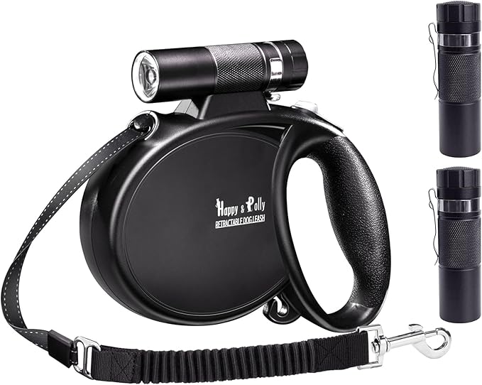 Happy & Polly 4-in-1 Dog Leash - Retractable, Heavy Duty, 16.4 ft with Flashlight & Bungee for Small Dogs