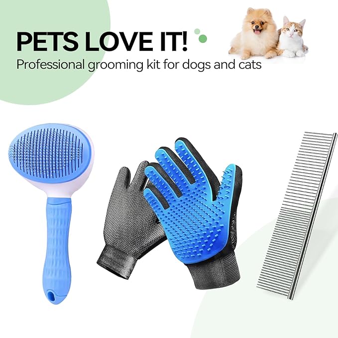 Dog & Cat Brush,Pet Grooming Kit 4PCS- Dog Brush for Shedding| A Pair Pet Hair Removal Gloves| Metal Comb for dog.Removes Undercoat, Tangled, Dirt and Massages. All hair Types