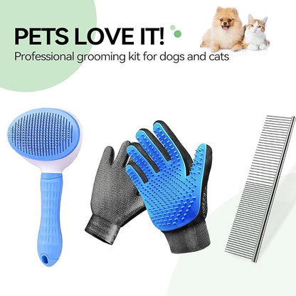 Dog & Cat Brush,Pet Grooming Kit 4PCS- Dog Brush for Shedding| A Pair Pet Hair Removal Gloves| Metal Comb for dog.Removes Undercoat, Tangled, Dirt and Massages. All hair Types
