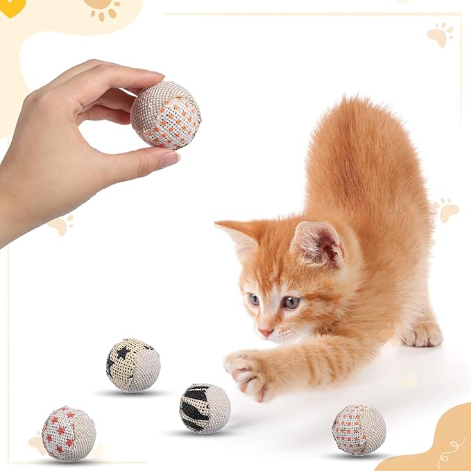 4 Pcs Cat Balls Toys for Indoor Cats, Handmade Sisal Kitten Toys Ball Interactive Canvas Cat Ball Toy Cute Cats Pom Pom Balls for Indoor Kitten Puppy Stuffed Pets Interaction Playing