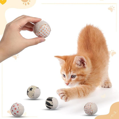 4 Pcs Cat Balls Toys for Indoor Cats, Handmade Sisal Kitten Toys Ball Interactive Canvas Cat Ball Toy Cute Cats Pom Pom Balls for Indoor Kitten Puppy Stuffed Pets Interaction Playing