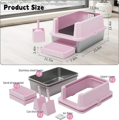 RIZZARI Stainless Steel Litter Box: Large Pink Leakproof Open Tray with Wipe-Clean Design - Odor Control - Teflon Non-Stick - with Deodorizer - 2 Pack - for Cats Up to 20 lbs - in Bathroom Restroom