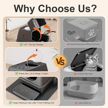 Stainless Steel Litter Box with Lid XL Extra Large Litter Box Enclosed Top Entry Metal Litterbox for Big Cats Easy Cleaning Anti-Leakage & High Sided with Mat Aisle & Scoop, Dark Grey
