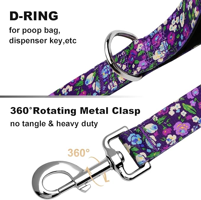 5ft Dog Leash with Two Padded Handles, Cute Girl Dog Leash with Soft Dual Handle, Walking Training Lead for Small Medium Large Dogs, Purple Floral