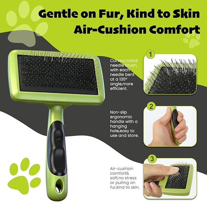 Cat & Dog Brush Set, Pet Grooming Kit with Metal Comb, Slicker Brush, Hair removal Glove for Detangling and Dematting Long, Matted Fur, Green