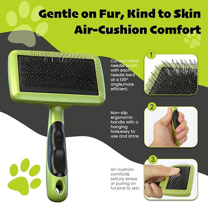 Cat & Dog Brush Set, Pet Grooming Kit with Metal Comb, Slicker Brush, Hair removal Glove for Detangling and Dematting Long, Matted Fur, Green