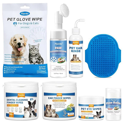Dog Wipes Cleaning Deodorizing, Grooming Wipes & Paw Cleaner, Pet Cleaning Kit for Teeth, Ears, Eyes, Paw, Body, Ear Rinse, Essential Dog Supplies Set