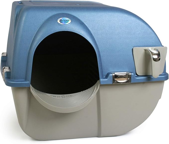 Omega Paw Self Cleaning Cat Litter Box, Premium Roll 'N Clean Litter Box, Regular Size for Kittens and Cats 10 lbs and Under, Blue Color (PR-RA15-1) with Integrated Litter Step and Chrome Accents