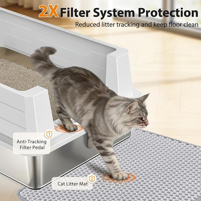 FURTIME XXXL Extra Large Stainless Steel Litter Box with Lid, Large Cat Litter Box for Big Cat, Large Metal Cat Box with High Sided, Non-Stick, Easy Cleaning, Includes Scoop and Mat