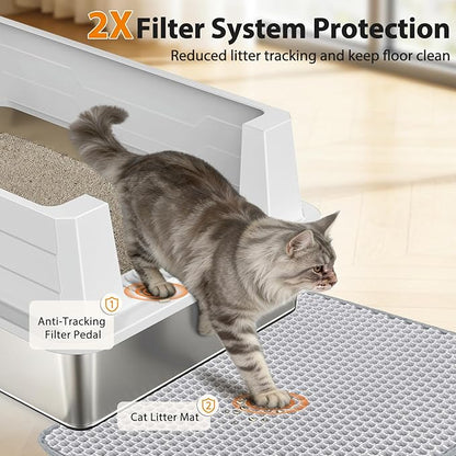 FURTIME XXXL Extra Large Stainless Steel Litter Box with Lid, Large Cat Litter Box for Big Cat, Large Metal Cat Box with High Sided, Non-Stick, Easy Cleaning, Includes Scoop and Mat