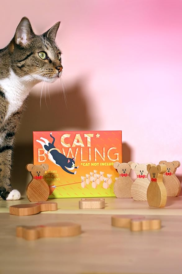 Terrarium Cat Bowling Game for Cats with 10 Wooden Pins and Laser Pointer