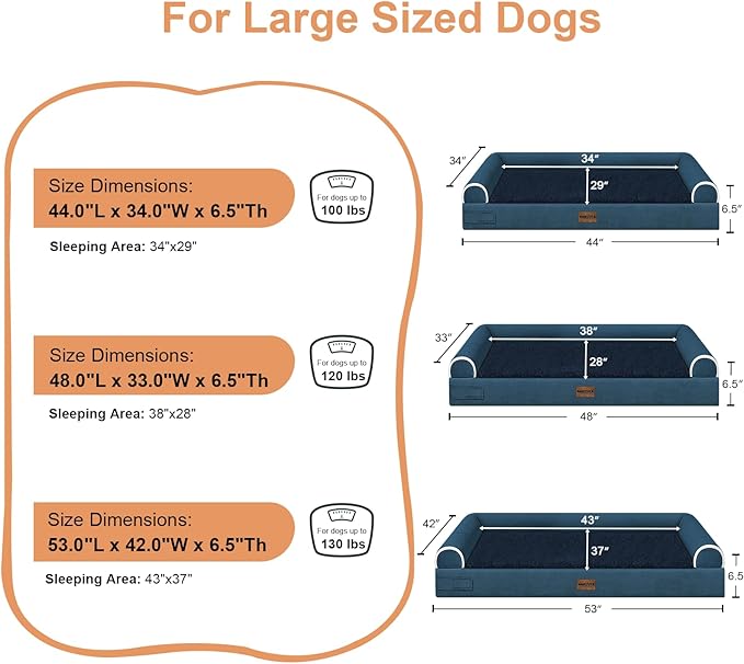 Large Dog Bed Orthopedic Washable: Jumbo Dog Bed Bolster Extra Large Dogs Egg Crate Foam Sofa Couch Waterproof Removable Cover - Navy