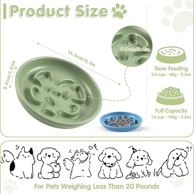 Cat Slow Feeder Bowl Set - 2 Pcs Pastel Series Cat Plate for Dry and Wet Food - Cute Maze Feeder Dish for Healthy Eating- Slow Feeding Bowls Whisker Friendly - Dishwasher Safe (Blue and Green)