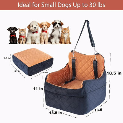 Elevated Dog Car Seat for Small Dogs – Luxurious Dutch Suede Leather Pet Booster with Adjustable Safety Leash, Non-Slip Base, Washable Cover, Cozy Travel Bed for Pets up to 30 lbs