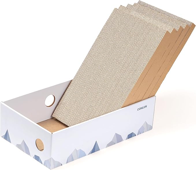 Cat Scratcher Box with Heavy-Duty Double-Sided Cardboard Pad, Cardboard Lounger, Cat Bed for Indoor Cats, Interactive Hole Design, Large - 5 Pack, White
