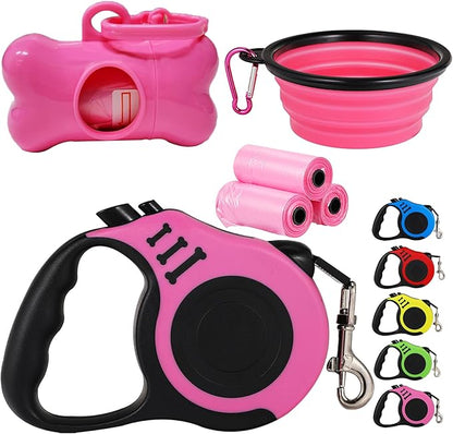 Retractable Heavy Duty Dog Leash - 16FT Pink, Tangle-Free Nylon Tape, Anti-Slip Handle, Waste Bag Dispenser for Small Dog or Cat up to 26 lbs