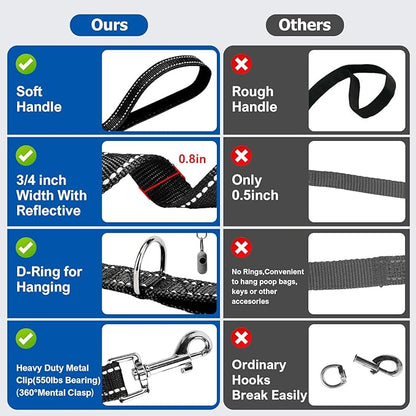 Reflective Dog Leash–10FT/16FT/30FT/50FT/100FT Durable Nylon Training Leash with Heavy-Duty Metal Clasp, High Visibility for Night Walking, Perfect for Small, Large Dogs (Black, 50FT)