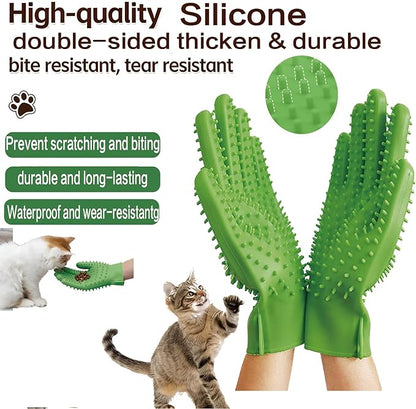 YOFANG Double-Side Pet Hair Removal Gloves for Dogs & Cats,Cat Bite-Proof Gloves Massage and Feeding,4-in-1 Deep Cleaning and Deshedding Brush & Washing Mitt,Suit for Short/Long Hair Pets, (Green)