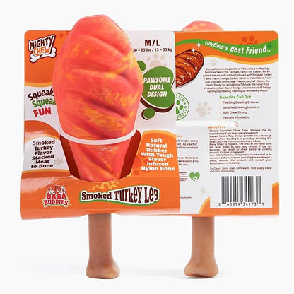 Smoked Turkey Leg Dog Chew Toy, Natural Rubber and Nylon, Medium, with Squeaker, for Dental Hygiene