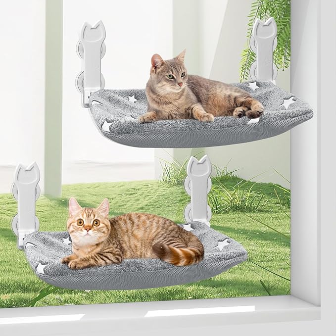 2 Pack Cat Window Perch, Glow in The Dark Foldable Cat Window Hammock with Sunken Design, Removable Soft Cover, Breathable Cordless Window Bed for Cats Inside Holds up to 40lbs (Star Grey)