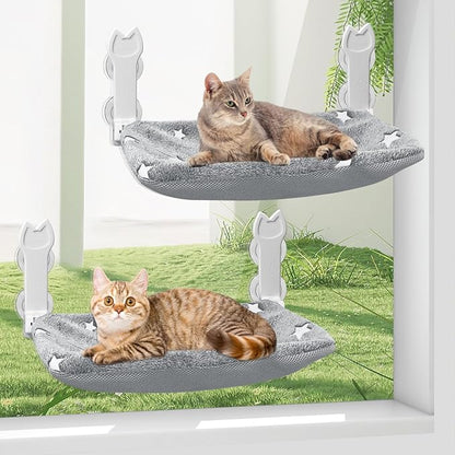 2 Pack Cat Window Perch, Glow in The Dark Foldable Cat Window Hammock with Sunken Design, Removable Soft Cover, Breathable Cordless Window Bed for Cats Inside Holds up to 40lbs (Star Grey)