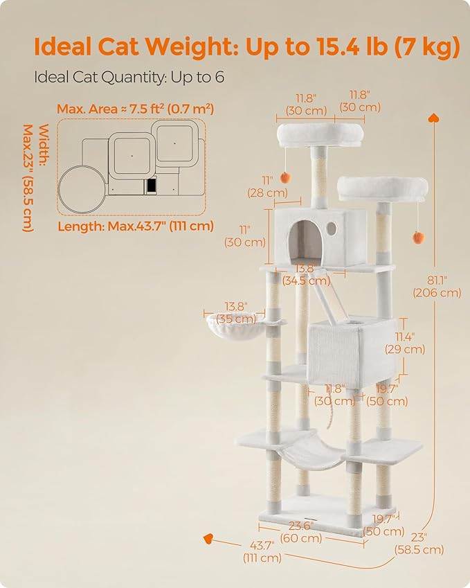 Feandrea Cat Tree, 81.1-Inch Large Cat Tower, Multi-Level Plush Condo with 13 Scratching Posts, 2 Perches, 2 Caves, Basket, Hammock, Pompoms, Cream White UPCT190T01