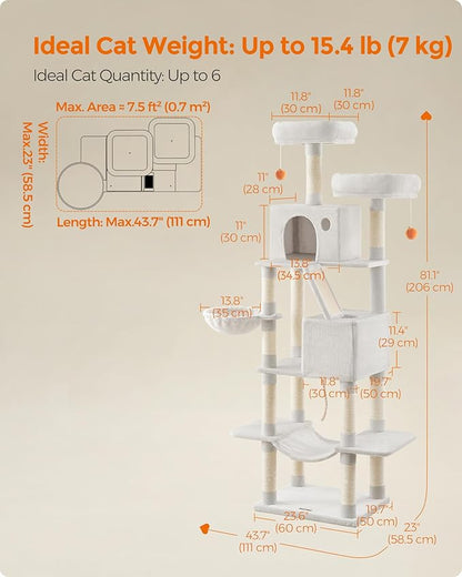 Feandrea Cat Tree, 81.1-Inch Large Cat Tower, Multi-Level Plush Condo with 13 Scratching Posts, 2 Perches, 2 Caves, Basket, Hammock, Pompoms, Cream White UPCT190T01