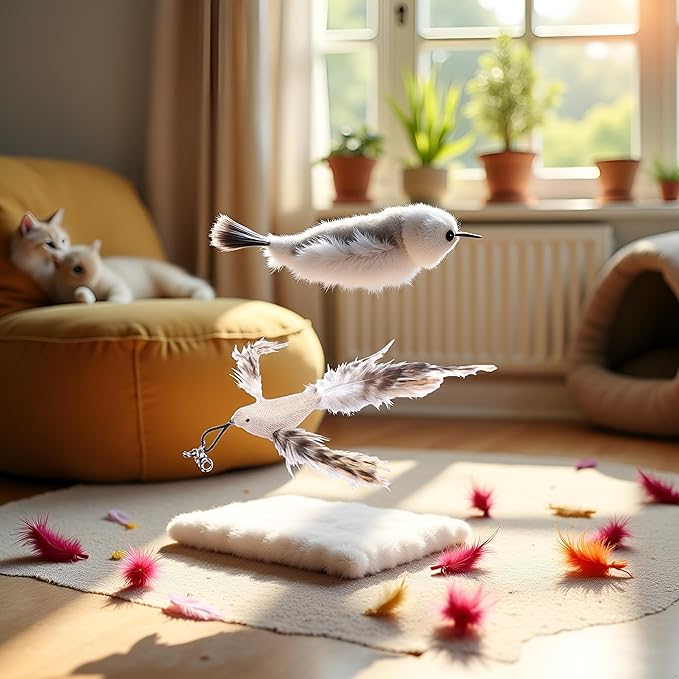 White Burlap Bird Cat Feather Toys, Interactive Toy with Refills, Wand Toy for Indoor Interactive Cat Feather Toys