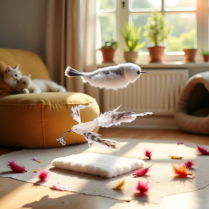White Burlap Bird Cat Feather Toys, Interactive Toy with Refills, Wand Toy for Indoor Interactive Cat Feather Toys