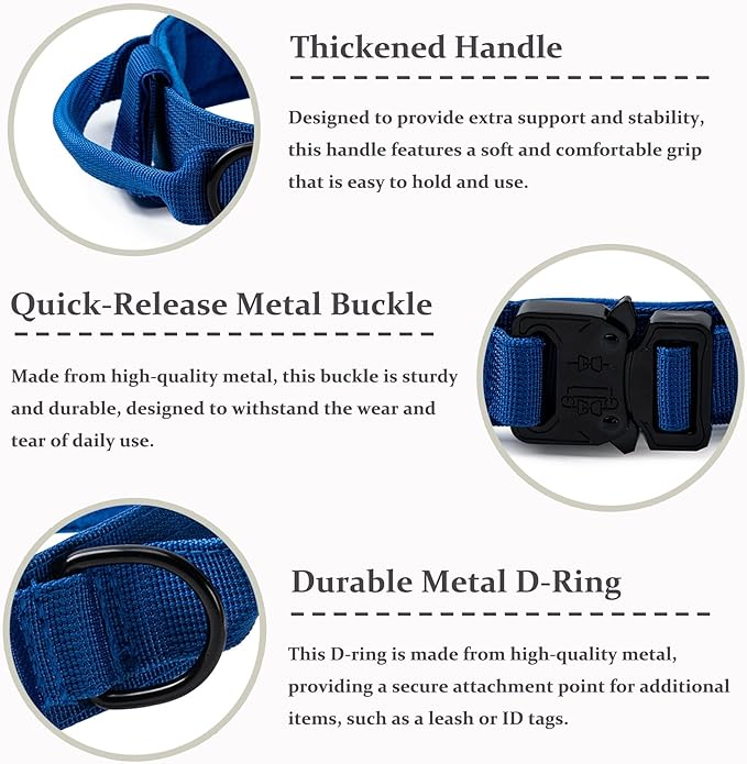 Tactical Dog Collar, Adjustable Military Training Nylon Dog Collar with Control Handle and Heavy Quick-Release Metal Buckle for Small Medium Large Dogs, Dark Blue S