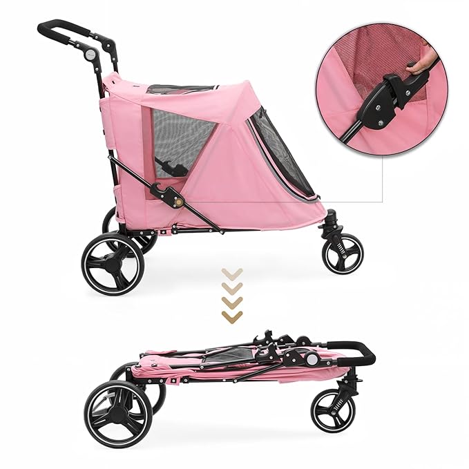 MoNiBloom Pet Stroller for Large Dogs or Multiple Dogs Cats with Adjustable Handle, 3-Wheels Dual Entry Portable Dog Carting Easy Folding Pet Wagon Double Dog Stroller up to 55 lbs, Pink