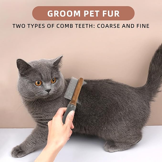2-in-1 Dog Dematting&Deshedding Comb with Wooden Handle Double-Sided Fine&Wide Teeth Dematting Comb Pet Flea Comb for Dogs and Cats Remove Loose Hair Tangles Dirt Fleas