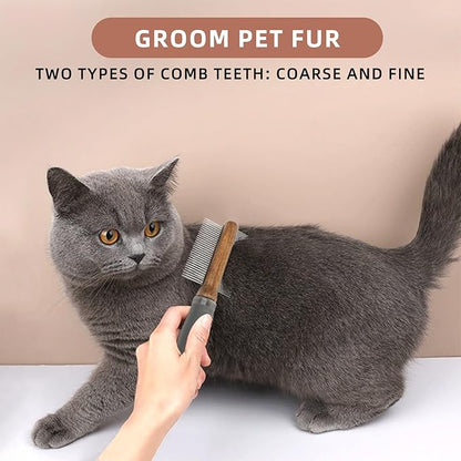 2-in-1 Dog Dematting&Deshedding Comb with Wooden Handle Double-Sided Fine&Wide Teeth Dematting Comb Pet Flea Comb for Dogs and Cats Remove Loose Hair Tangles Dirt Fleas