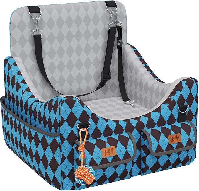Dog Car Seat for Small/Medium Dogs up to 35lbs, 4-Pocket Storage Memory Foam Dog Booster Seat, Detachable Washable Pet Car Seat with Safety Belt, Outdoor & Indoor Use (Light Blue/Coffee)