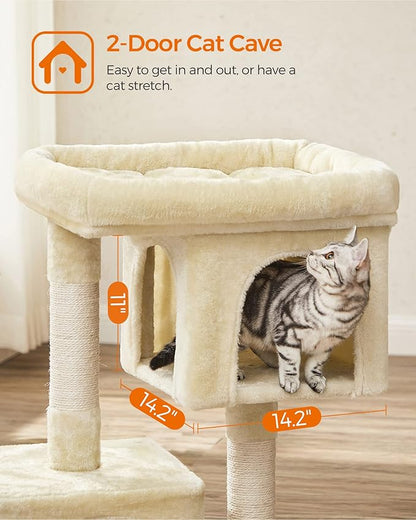 Feandrea Cat Tree, 33.1-Inch Cat Tower, Plush Condo for Large Cats up to 16 lb, Large Perch, 2 Caves, Scratching Post, Beige UPCT61M