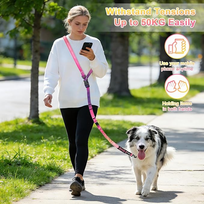 Philorn Hands Free Dog Leash, Crossbody Dog Leash, 6.9-8.9 Ft Multifunctional Waist Walking Belt with Car Safety Buckle for Large and Medium Dogs Jogging,Running,Training (Pinkish-Purple, 25-120 lbs)