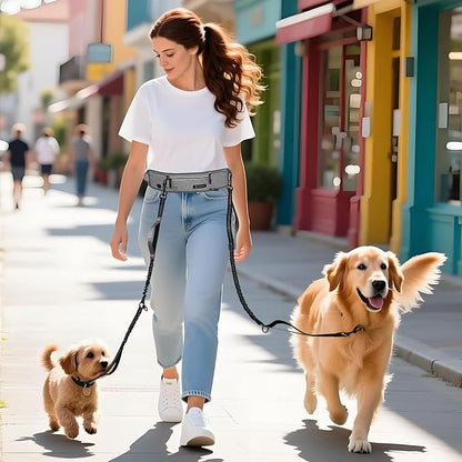 Tails & Tales Hands Free Dog Leash with Waist Pouch, Lumbar Support Upgraded, Bungee Reflective Leash, Adjustable Belt 25-55", Walking Running Hiking Training for Dogs Up to 125lbs (Gray, Two Dogs)