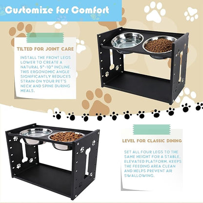 FORUP All-Metal Elevated Dog Bowls, Heavy Duty Cold-Rolled Steel Frame, 6-Height Adjustable Raised Feeder Stand with 2 Stainless Steel Bowls, Anti-Slip Rubber Feet for All Breeds (2.5"-12.2")