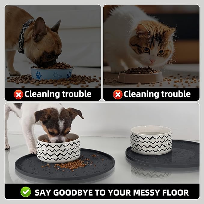 Comtim Waterproof Dog Food Mat - 2 Pack Silicone Pet Food Mat Dog Food Bowl Mats Cat Water Mats Eating Tray, Non-Slip Pet Placemat with Lip for Messy Drinkers to Protect Floor, Black 11"×11"
