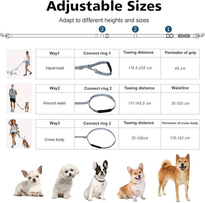 Hands Free Dog Leash, 8.5ft Adjustable Hands Free Leash for Medium Dogs, Versatile Handheld Crossbody Waist Lead with 3 Rings, Easy Adjust for Running Jogging Walking, Sponge Handle, Gray