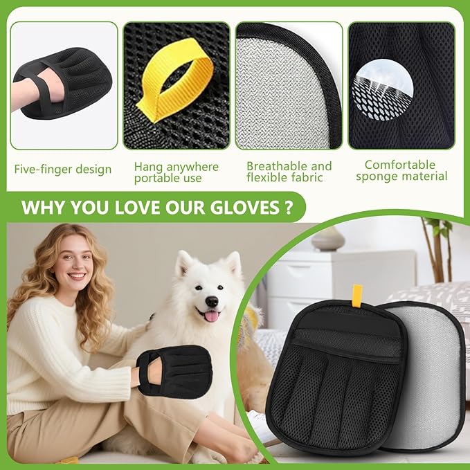 Lispin Pet Hair Removal Glove for Cats & Dogs, Upgraded Five-Finger Electrostatic Pet Hair Glove, Reusable Magic Brush Pet Hair Remover Tool for Laundry, Couch, Carpet, Car Seat(2 Pack)