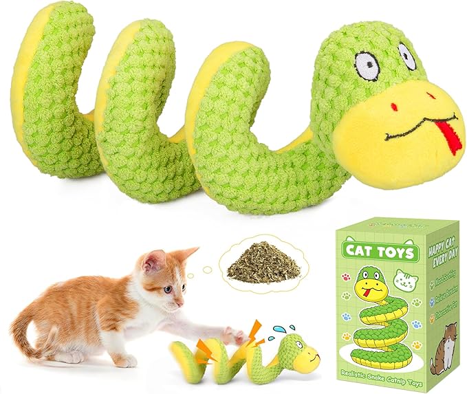 Retro Shaw 14" Large Crinkle Snake Cat Toy, Catnip & Silvervine Infused, Durable Chew Resistant Plush for Aggressive Chewers, Realistic Stuff Snake Interactive Kicker Toy for Large Indoor Cats