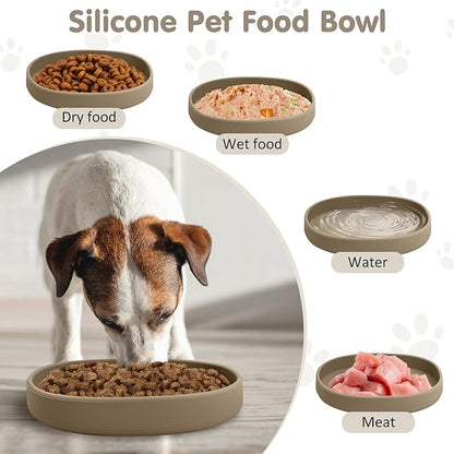 VCEPJH Silicone Dog Plates for Food Shallow Pet Bowl Flat Puppy Food Bowl Whisker Fatigue Cat Feeding Bowls Noiseless Dishes for Dry and Wet Food (Square-Round Brown)