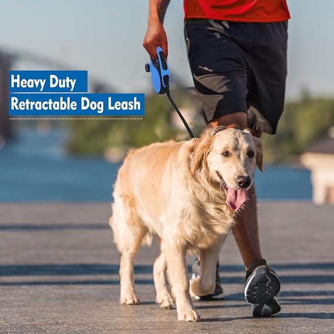 26Ft Retractable Dog Leash with Chew Proof Cable,Heavy Duty Dog Leash with Removable Poop Bags for Medium Large Dogs up to 110lbs,Strong Nylon Tape No Tangle,One-Handed Brake (Blue)