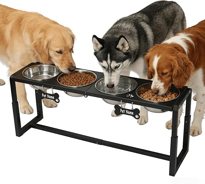 Metal Elevated Dog Bowls for Medium/Large Breed, 3 Adjustable Height(8.8"/11.5"/14") Raised Dog Bowls Stand with Four 58oz Stainless Steel Bowls, for Neck & Joint Protection