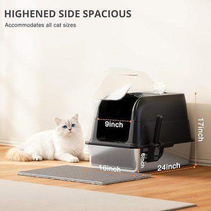 Stainless Steel Cat Litter Box Fully Enclosed, Extra Large Metal High Sided Cat Box with 120° Fully Transparent See-Through Flip Lid, Scoop & Mat - Black - XL