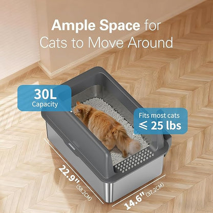 Zarler Stainless Steel Litter Box with Lid, Extra Large Cat Litter Boxes, XL Large Metal Litter Box for Big Cats with High Sided, Black (Non-Sticky, Easy to Clean, Anti-Urine Leakage)