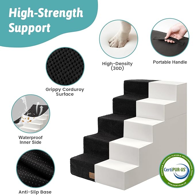 Dog Stairs for Small Dogs, 17.7" Extra Wide Detachable Pet Stairs for Couch and Bed, 23.6" H Non-Slip Dog Steps for Puppies and Old Cats, 17.7x29.5x23.6 inch, Black