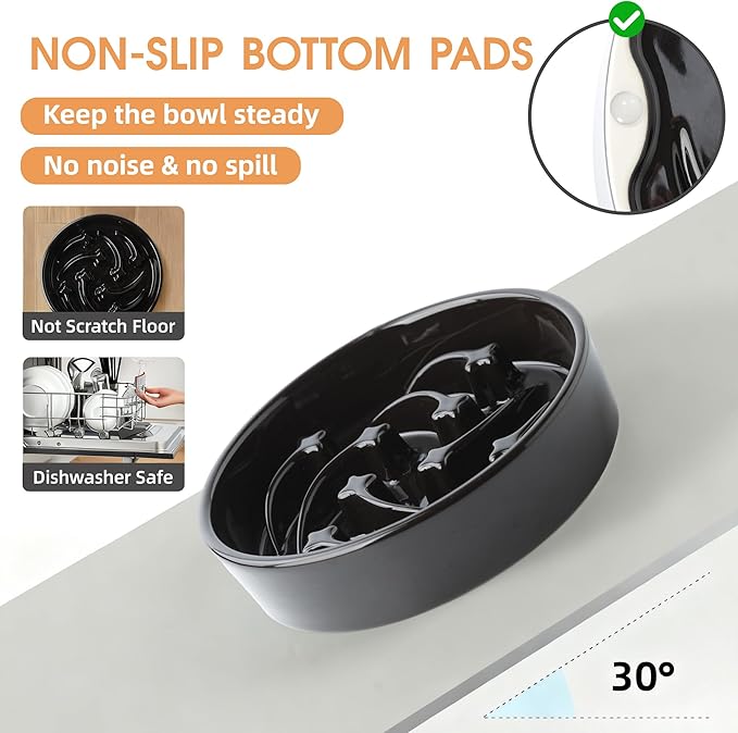 Ceramic Slow Feeder Dog Bowls Large Breed, 2 Cups Slow Eating Dog Bowl, Anti-Gulping Pet Food Bowl Reduce Choking, Heavy Puzzle Maze Design Pet Dishes for Fast Eaters, 8.3 inch - Black
