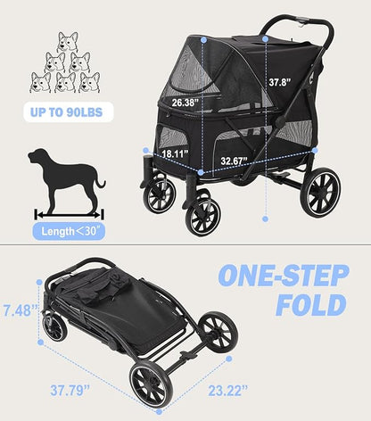 Large Dogs Stroller for Multiple Pets up to 90lbs, Ultra-Breathable Pet Stroller for Medium 2 Dogs，All-Terrain with& Mesh Dual-Window，1680D Waterproof Oxford Fiber (Black)